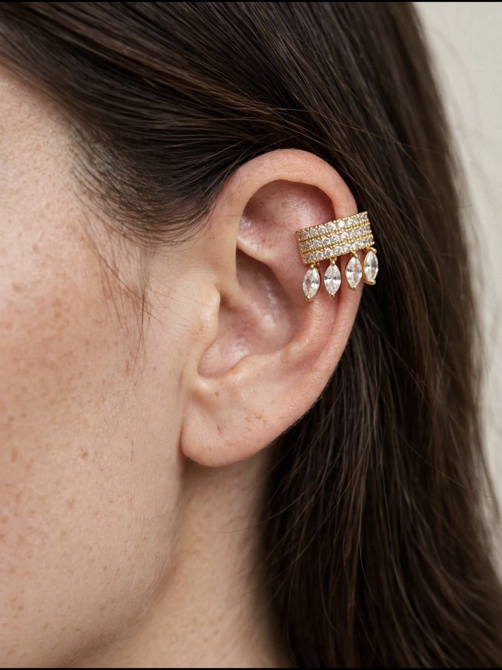 Gold Crystal Ear Cuff with Dangle Stones - Women Jewelry